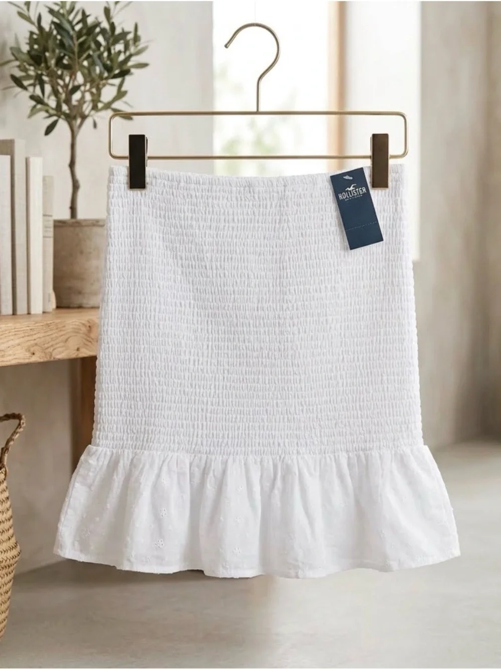 Hollister White Smocked A-Line Skirt with Ruffle Hem
